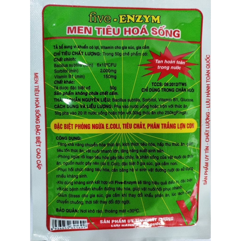 Five E N Z Y M 50g Men tiêu hoá sống kích thích tiêu hóa, phòng ngừa ecoli, tiêu chảy trên gia súc, gia cầm