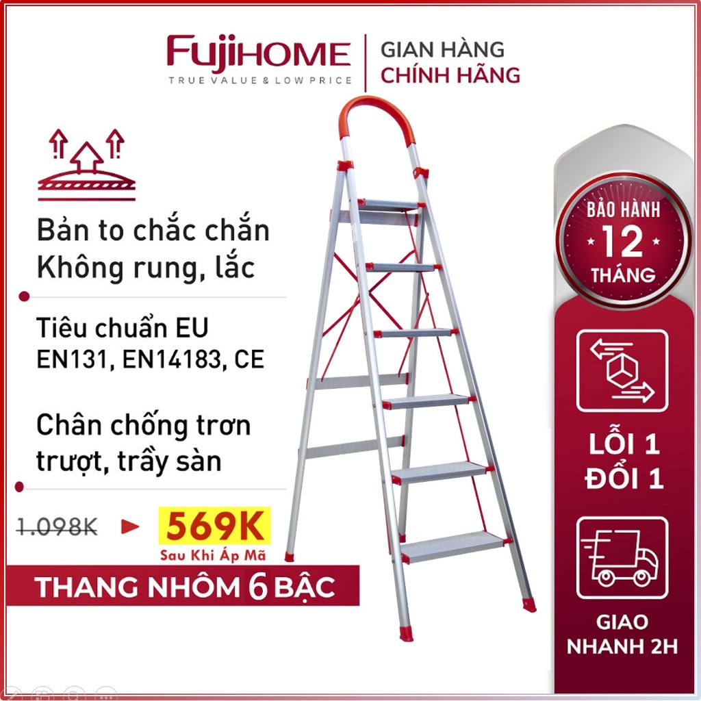 Thang ghế nhôm tay vịn chữ A bản to 4 - 5 - 6 bậc từ 1,4M - 1,9M xếp gọn FUJIHOME, Thang chữ A gia đình đa năng rút gọn