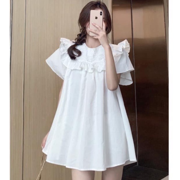 Váy babydoll xếp ly ngực, đầm baby doll tay bồng, dáng ngắn dễ thương