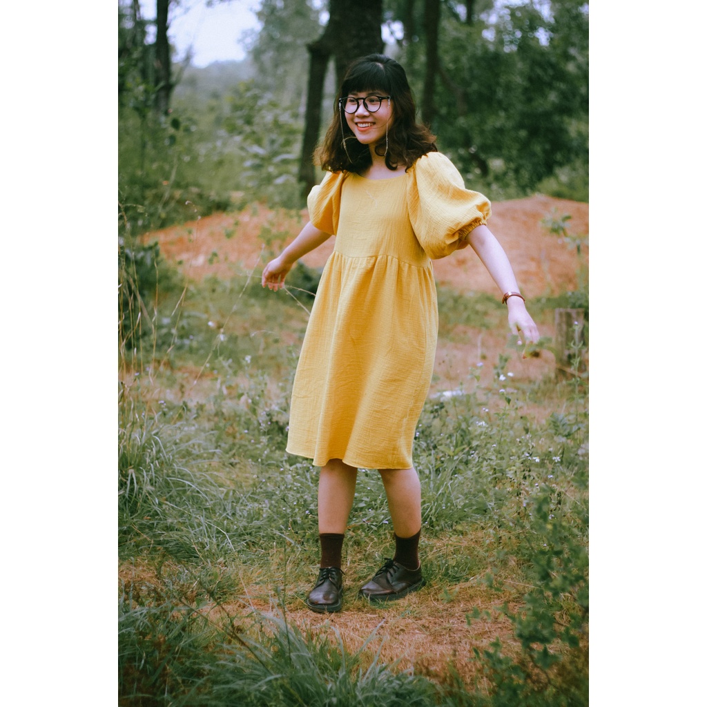 Váy Babydoll Tay Phồng Xòe Rộng Vintage Xô Muslin Vui Hè Mát Xinh Xắn