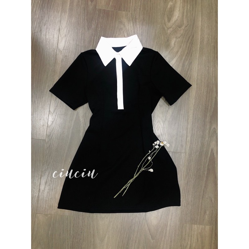 Đầm Thun Đen Cổ Sơ Mi Viền Trắng Chất Thun Dày Dặn ( Hàng Sẵn) | BigBuy360 - bigbuy360.vn