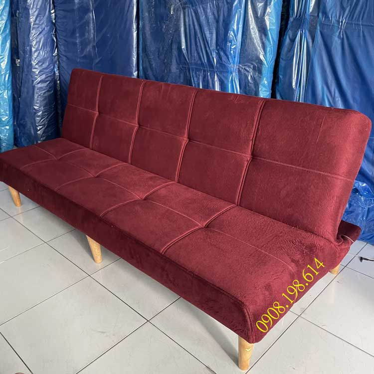 Ghế sofa Bed màu đỏ - Sofa giường vải nhung dài 1.8m chân gỗ - Salon phòng khách bọc vải màu đỏ đô