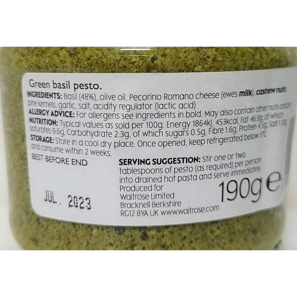 (EXP-Hạn SD 31/7/2023) [Lọ 190g] XỐT PESTO HÚNG TÂY XANH [Italia] WAITROSE Basil Pesto Sauce (atp)