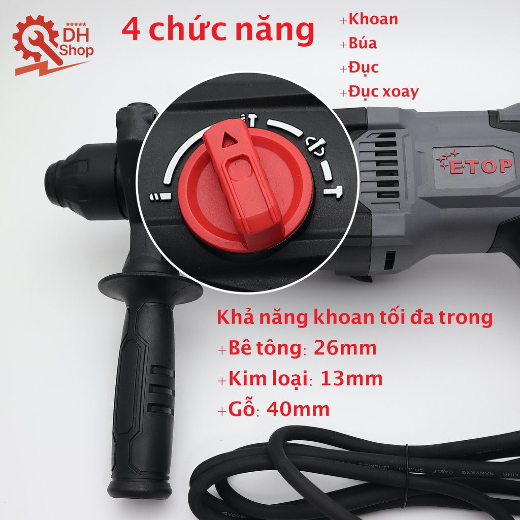 MÁY KHOAN ĐỤC BÊ TÔNG 4 CHỨC NĂNG ETOP XH26F NEW - CÔNG SUẤT LỚN 1050W - LÕI ĐỒNG 100% - CHÍNH HÃNG