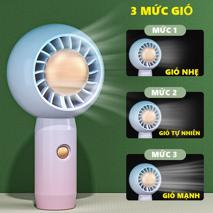 Quạt cầm tay tích điện 3 tốc độ, dung lượng pin lớn, quạt 6 cánh, sạc USB - Hàng chính hãng