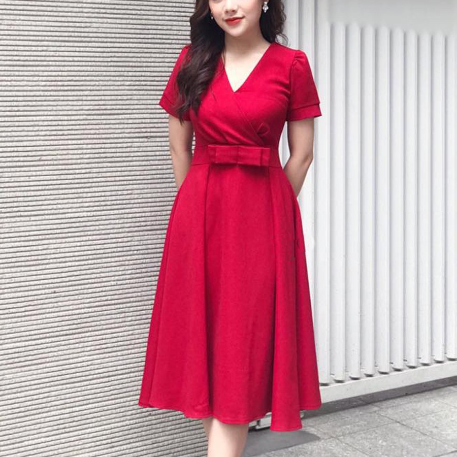 Đầm cổ V nơ eo cho người béo mập