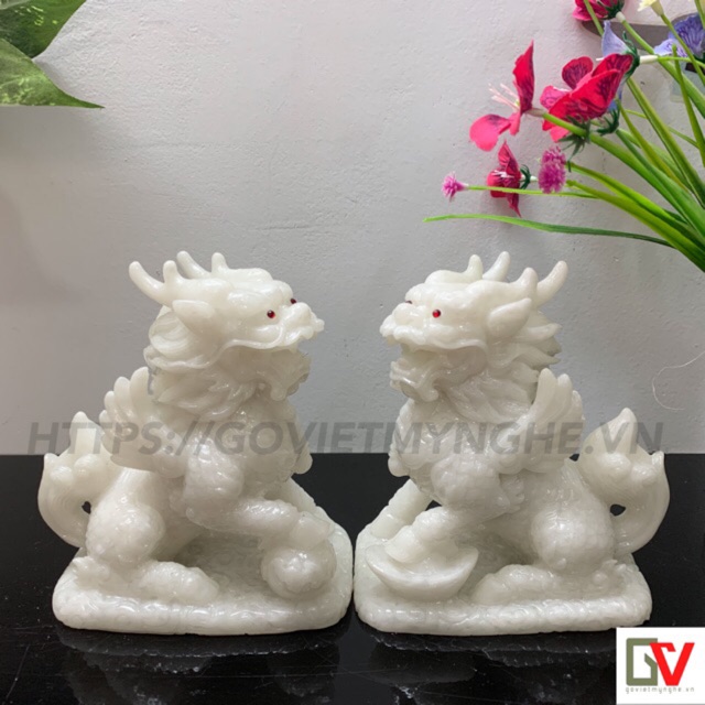 Cặp 2 Tượng Đá Tỳ Hưu Phong Thủy 2 Sừng - Trang Trí Bàn Làm Việc - Cao 12cm - Đá Non Nước