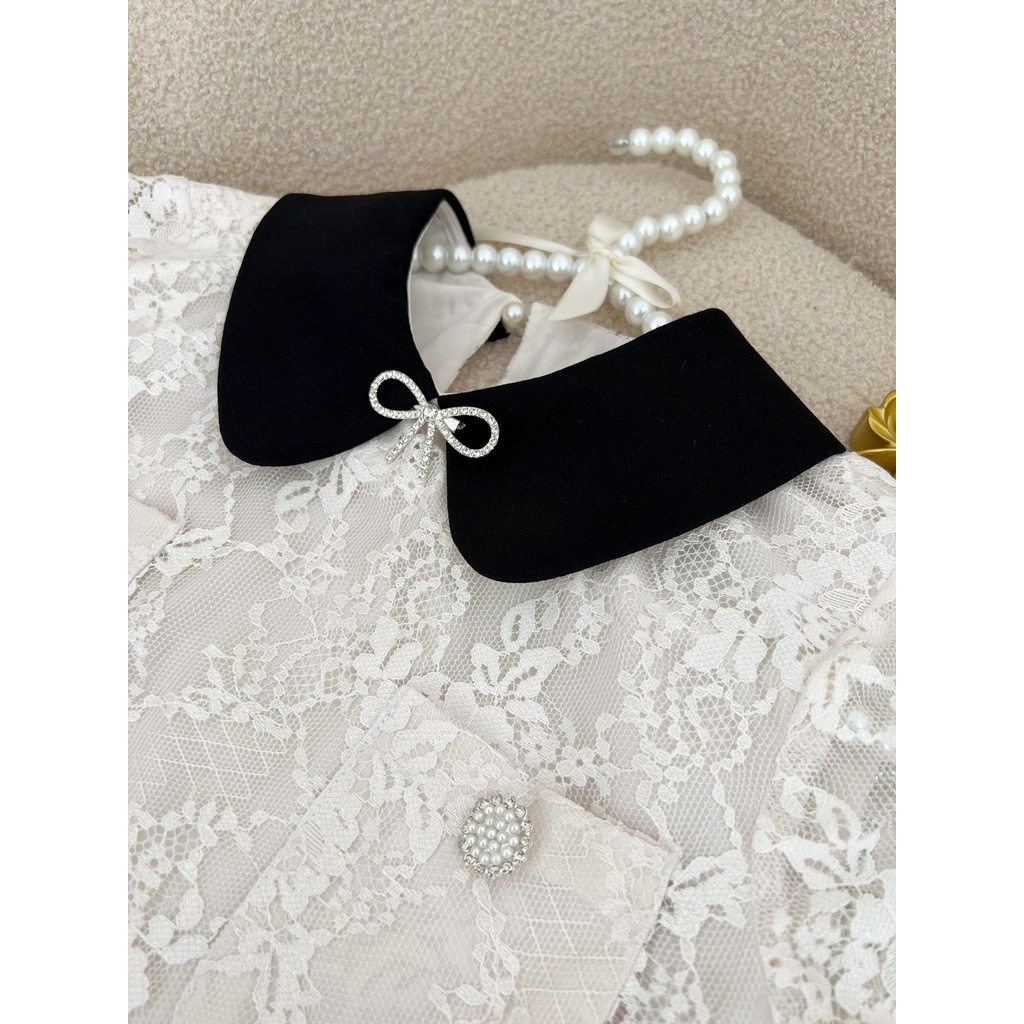 Áo tiểu thư, cổ đen nơ đá và khuy đá túi, MOO Design- ARMD8