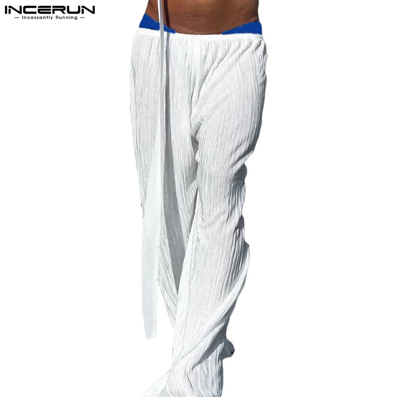 Quần dài ống rộng lưng thun INCERUN họa tiết kẻ sọc thời trang cho nam