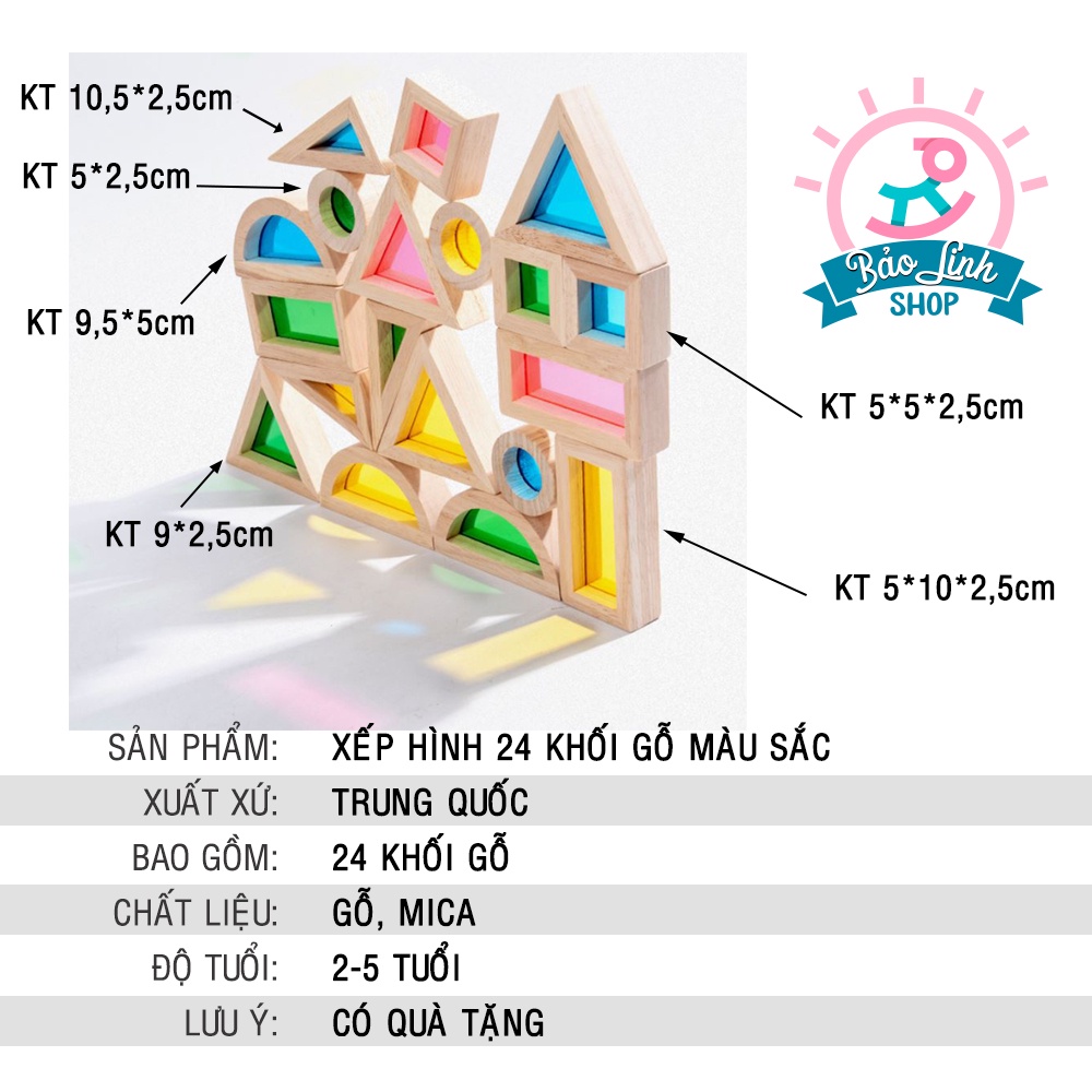 Đồ chơi Xếp hình 24 khối gỗ cho bé học về hình khối, màu sắc, chơi bàn ánh sáng, phát triển trí tuệ| Giáo cụ Montessori