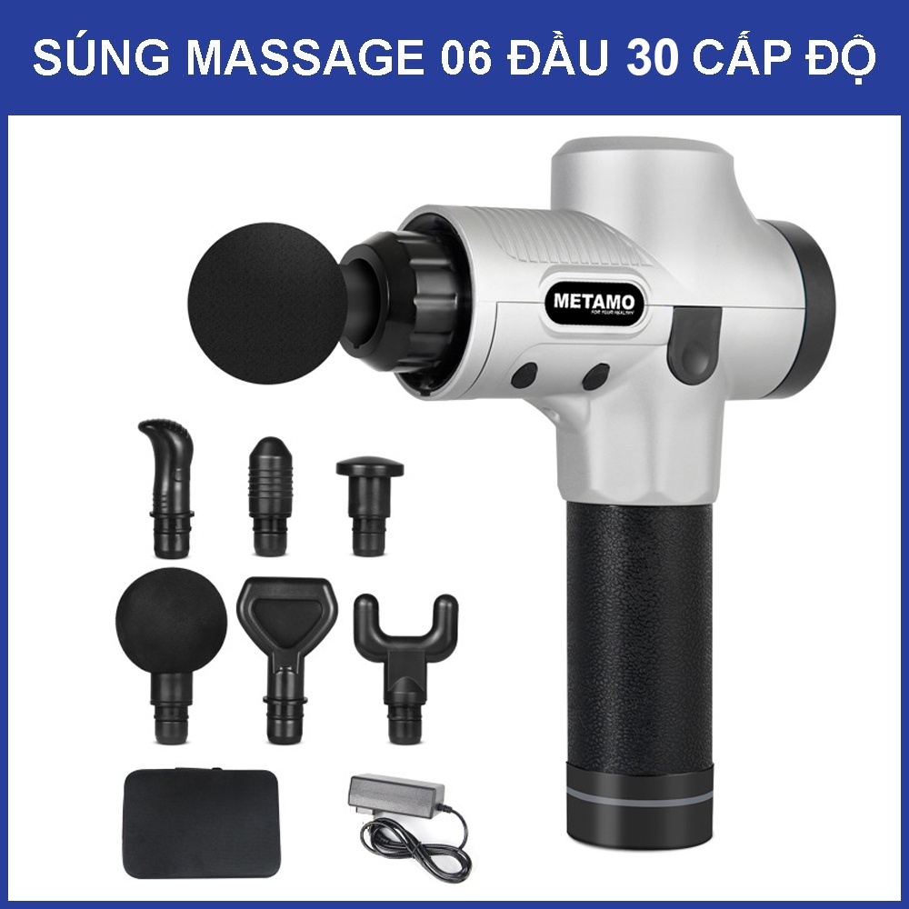 Máy massage cầm tay METAMO 6 đầu 30 cấp độ trị đau nhức toàn thân hiệu quả, súng massage kèm 6 đầu mát xa chuyên sâu
