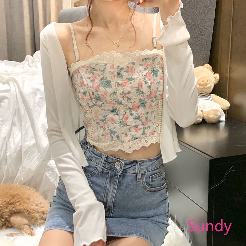 Set áo cardigan + áo hai dây phối ren hoa thời trang mùa hè cho nữ có bán lẻ
