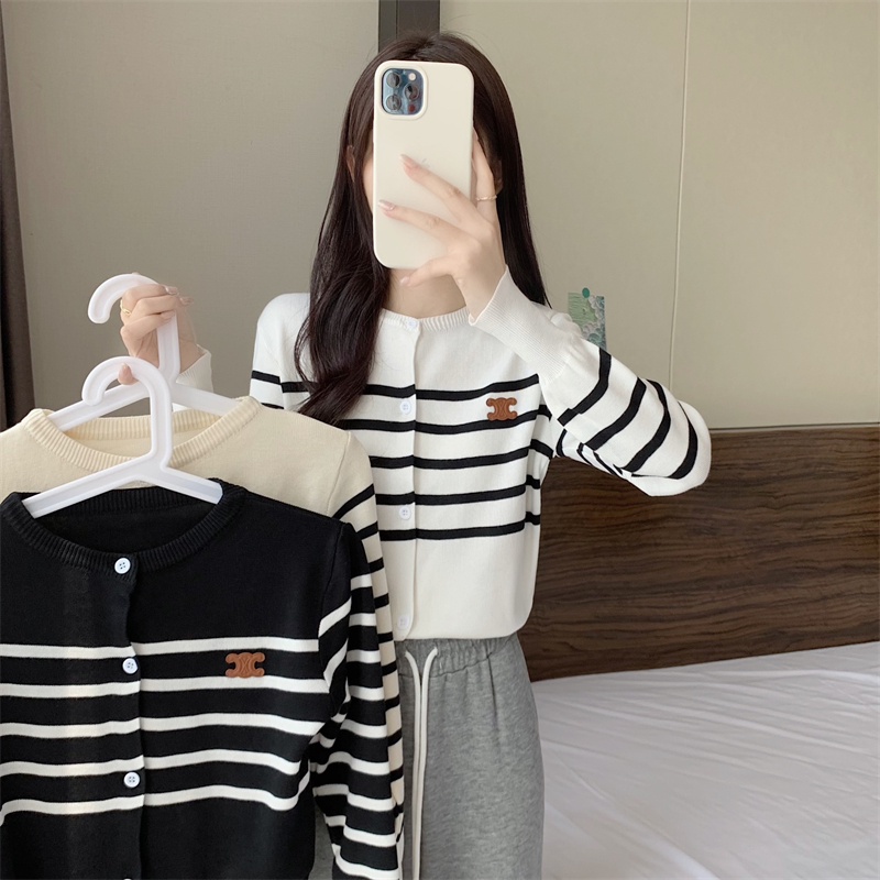Áo cardigan dệt kim SUXI tay dài dáng rộng cổ tròn họa tiết kẻ sọc phong cách vintage Hàn Quốc