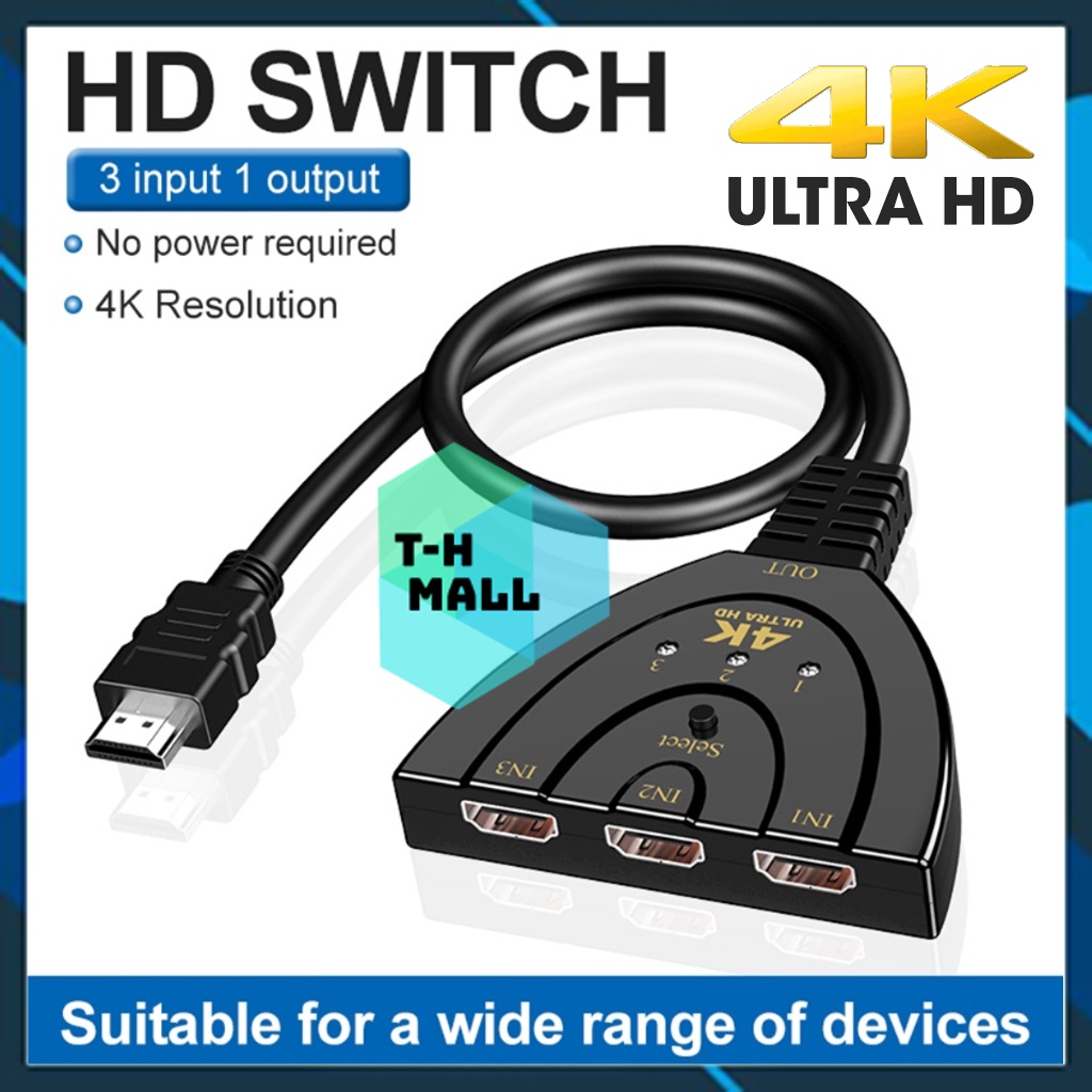 Bộ chuyển đổi Switch HDMI 4k hỗ trợ từ 3x1 hỗ trợ 3 ngõ vào như DVD, Android box, PC và 1 ngõ ra cổng HDMI xuất LCD tivi