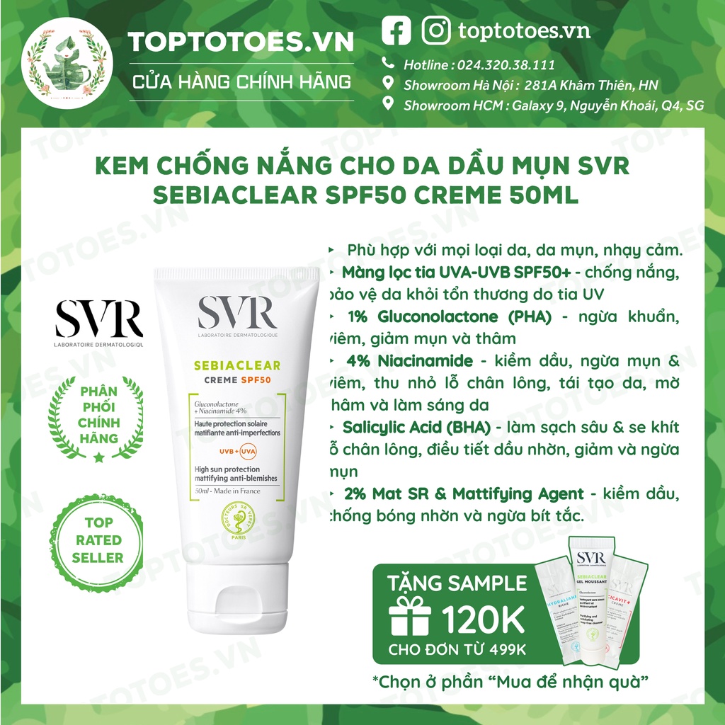 Kem chống nắng cho da dầu mụn SVR Sebiaclear SPF50+ Creme 40ml [NHẬP KHẨU CHÍNH HÃNG 100%]