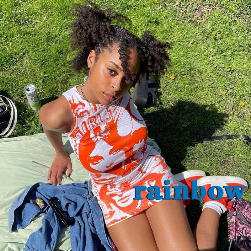 Chân váy ngắn lưng thấp in họa tiết cầu vồng màu cam / trắng phong cách thời trang cho nữ