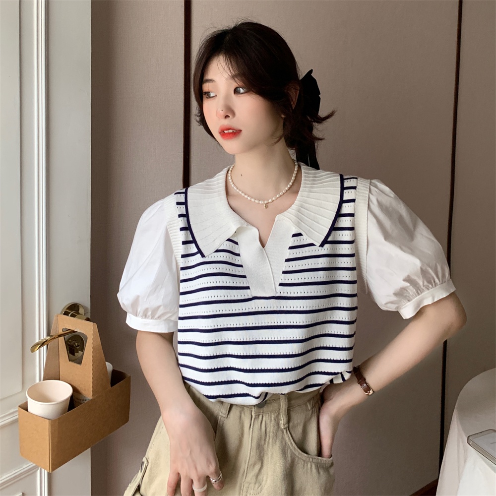 Áo thun Xiaozhainv dệt kim ngắn tay cổ polo họa tiết kẻ sọc phong cách Hàn Quốc thời trang cho nữ