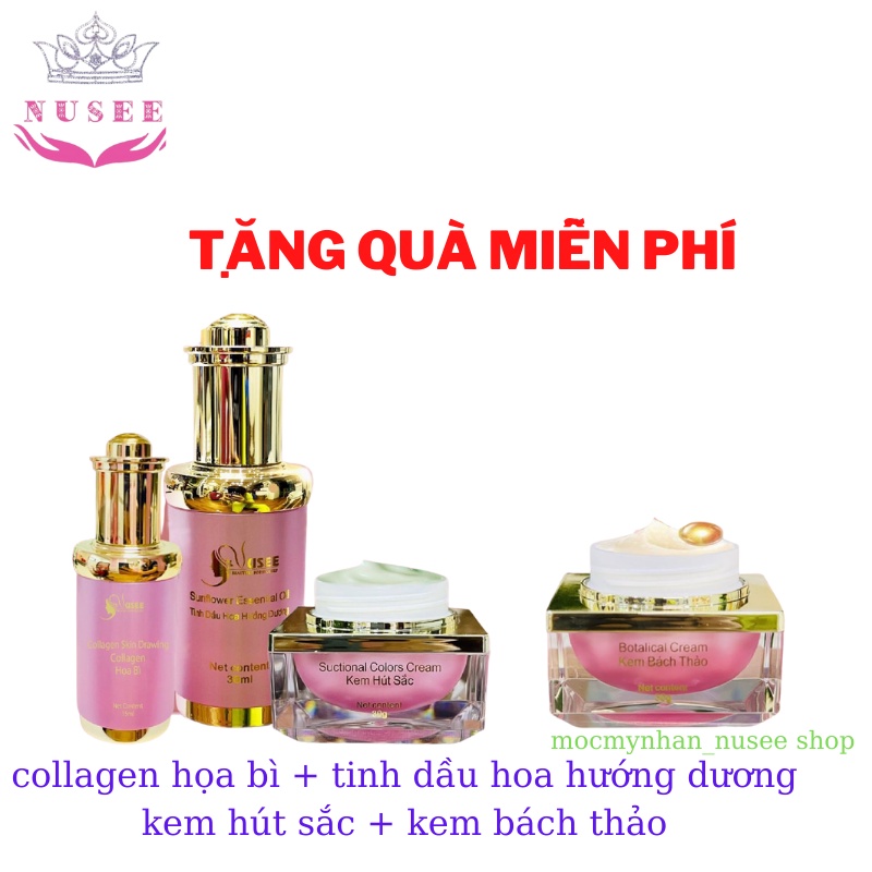 collagen họa bì serum + tinh dầu hướng dương nusee 30ml + kem hút sắc 30g ( kem ngày ) + kem bách thảo (kem đêm)