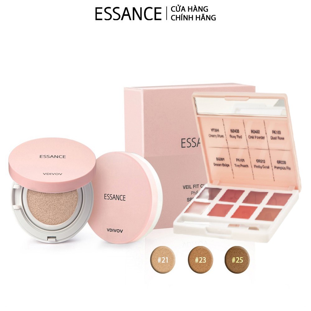 Phấn nước mịn lì mờ khuyết điểm Veil Fit Cushion SPF50+ PA+++ 15g &amp; Bảng son lỳ 8 màu Essance Lip Rouge Velvet Palete 8g