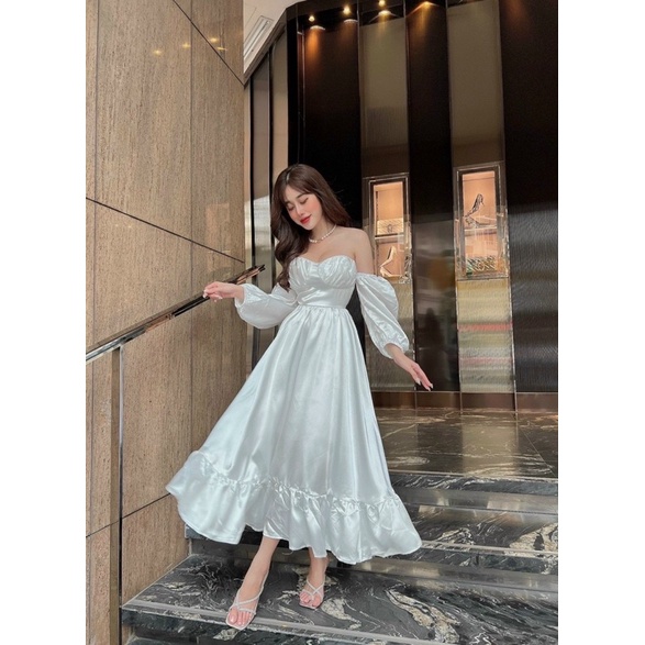 Đầm váy phi satin trắng dài xoè nhẹ cúp ngực hở/bẹt/trễ/rớt vai, thời trang tiểu thư sang trọng quý phái đi chơi dự tiệc