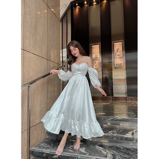 Đầm maxi phi xoè cúp ngực bẹt vai tay lửng