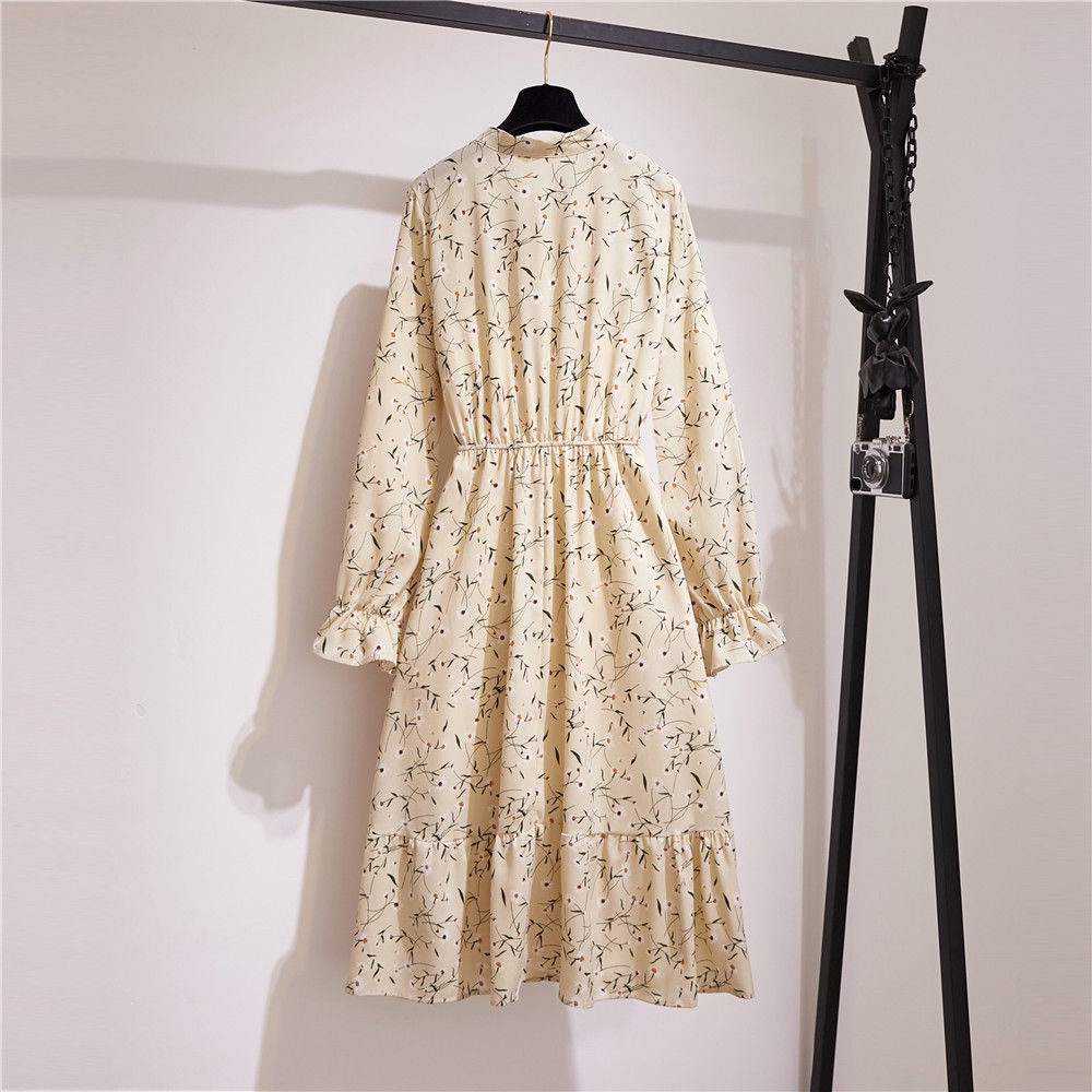 Đầm Chiffon Xếp Ly Lưng Thun Tay Dài Thắt Nơ In Họa Tiết Hoa Mẫu Mới 2022