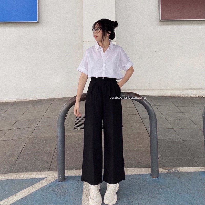 Set Áo Sơ Mi Ngắn Tay Lỡ Kèm Quần Kaki Rộng