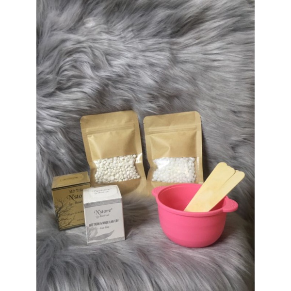 Combo waxing tại nhà gồm:1chén silicon,100gram sáp trong(hoặc dừa),1lọ mỡ trăn Ngọc Lan Tây