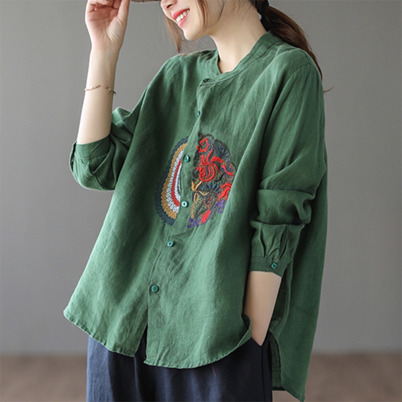 Ice cotton linen embroidery linen women's shirt long-sleeved blouse vintage a line brand counter cut label