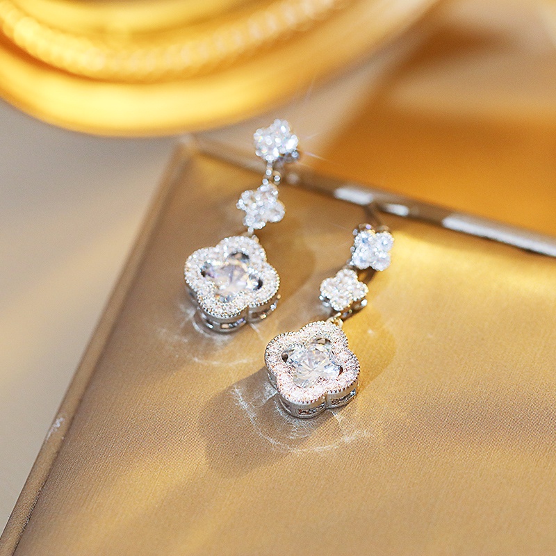 [Jiudolan] Khuyên Tai Dáng Dài Mặt Cỏ Bốn Lá Đính Đá Zircon Sáng Bóng Tinh Tế Cho Nữ