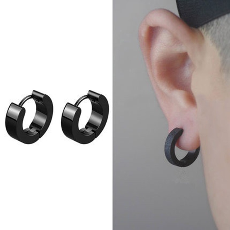 Khuyên Tai Tròn Bằng Thép Không Gỉ Màu Bạc/Đen Phong Cách Punk Thời Trang Cho Nam