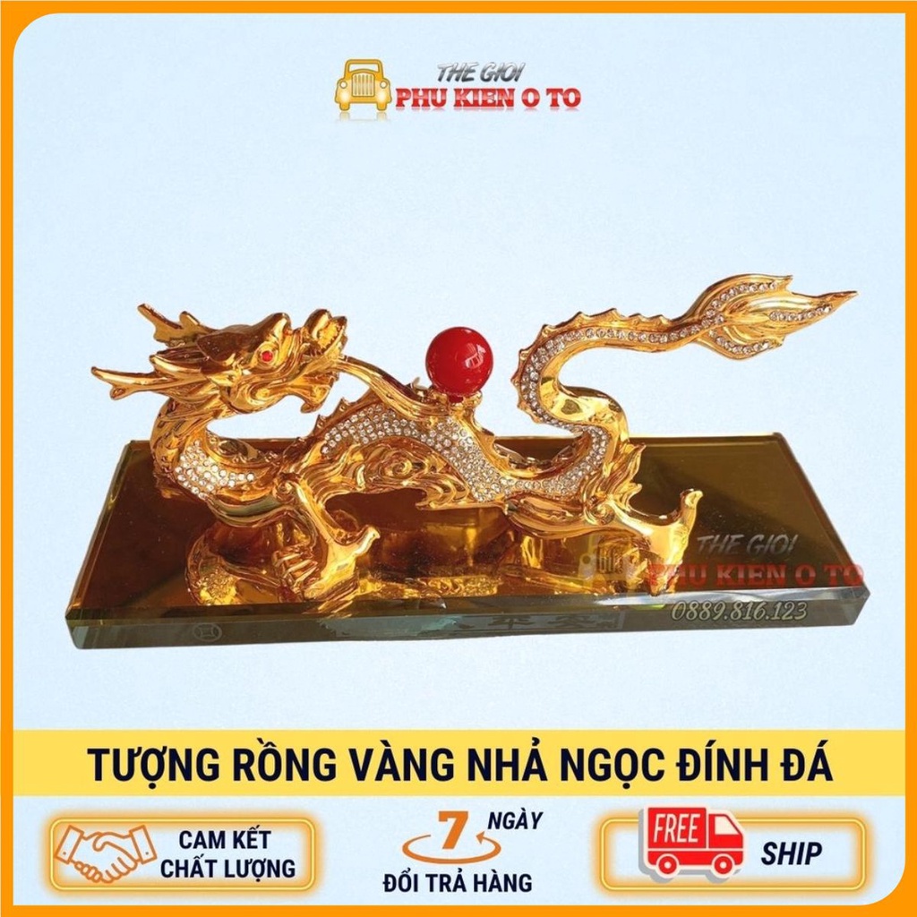 Tượng rồng mạ vàng nhả ngọc phong thủy tặng kèm nước hoa trang trí trên taplo xe ô tô, xe hơi