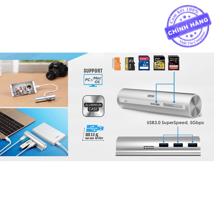 Hub đa năng Unitek Y-3094 từ typeC ra USB 3.0/ thẻ nhớ microSD/ thẻ nhớ SD - hỗ trợ tốc độ lên đến 5Gbps (Trắng)