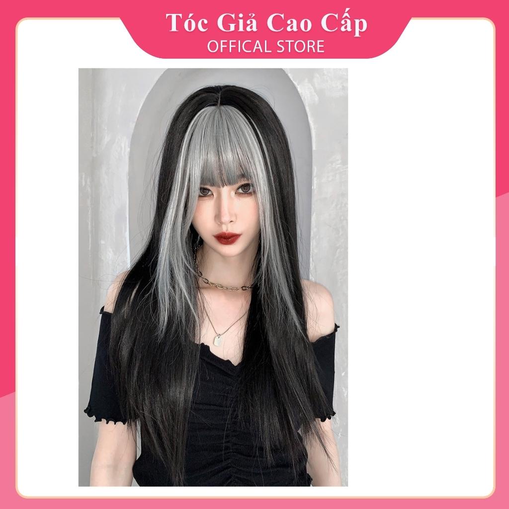 Tóc giả nguyên đầu nữ thẳng đen phối mái xám, mẫu mới, tặng kèm lưới trùm tóc.