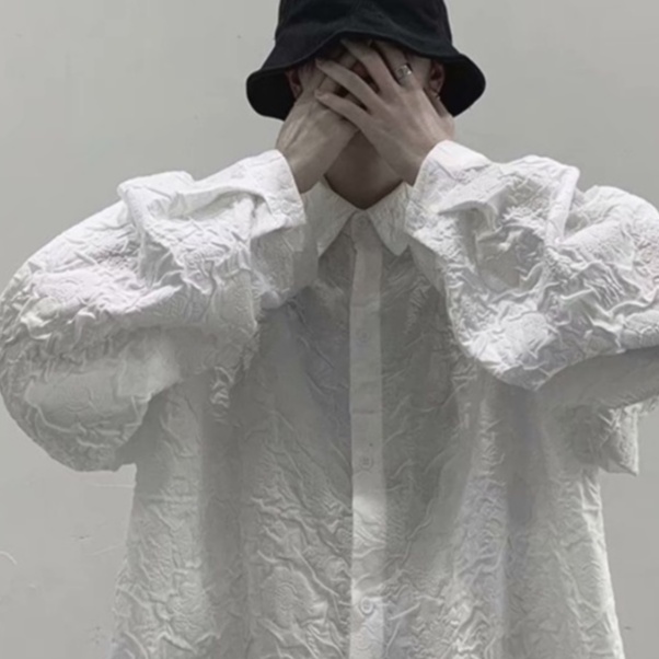 Áo Sơ Mi Tay Ngắn Cổ Đứng Dáng Rộng Họa Tiết Dập Nổi Thời Trang Cho Nam