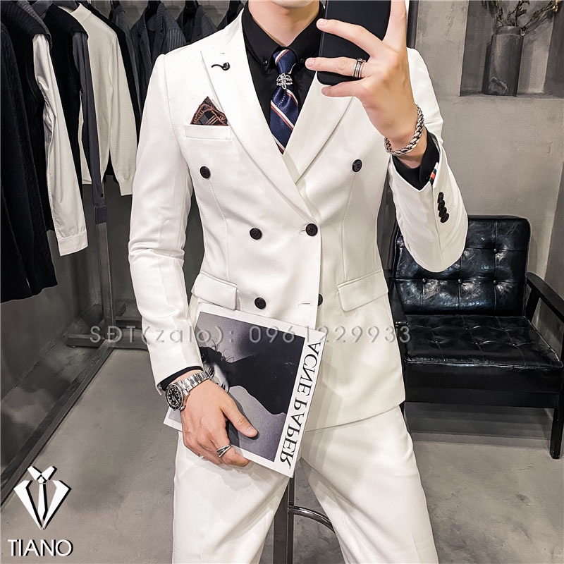 Bộ Vest nam cao cấp 6 cúc Hàn Quốc màu TRẮNG cực sang trọng, Suit Nam Cao Cấp (bộ vest gồm 1 quần và 1 áo))