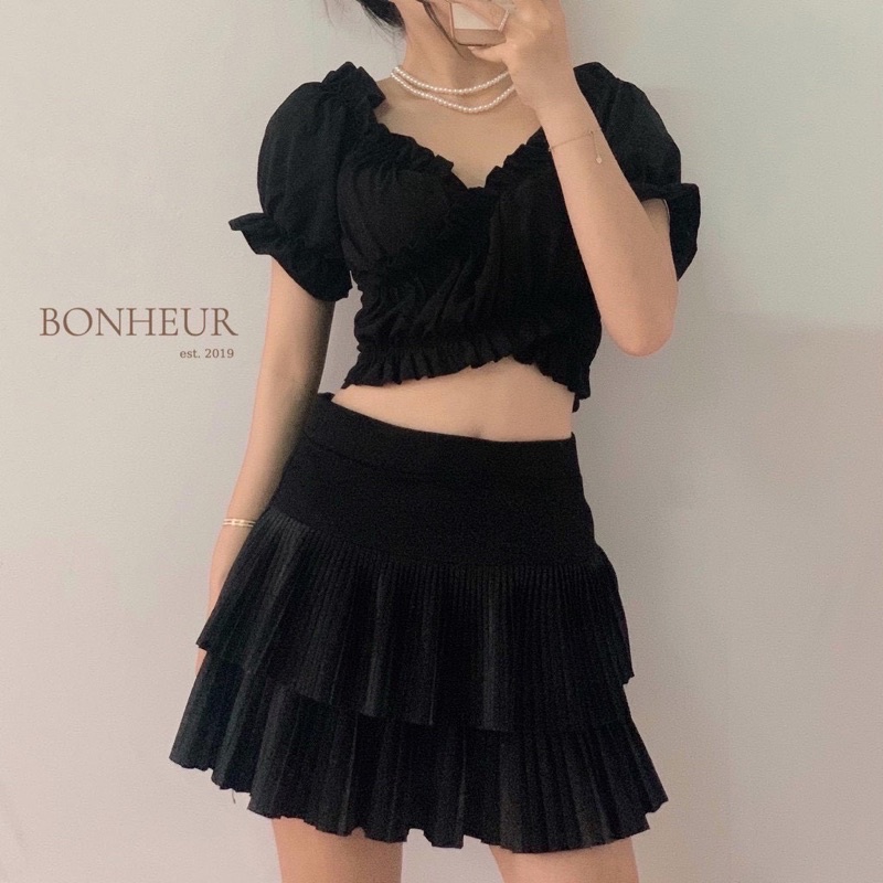 Áo croptop Bèo cổ v đắp chéo buộc nơ Áo Kiểu Tay Phồng Cột Eo mặc đi chơi siêu đẹp Phong Cách Ulzzang A01