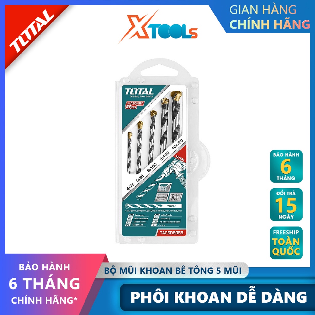 Bộ 5 mũi khoan bê tông TOTAL TACSD5055 combo 5 mũi đục bê tông Gồm 5 kích thước giúp hỗ trợ khoét lỗ trên bề mặt vật liệ