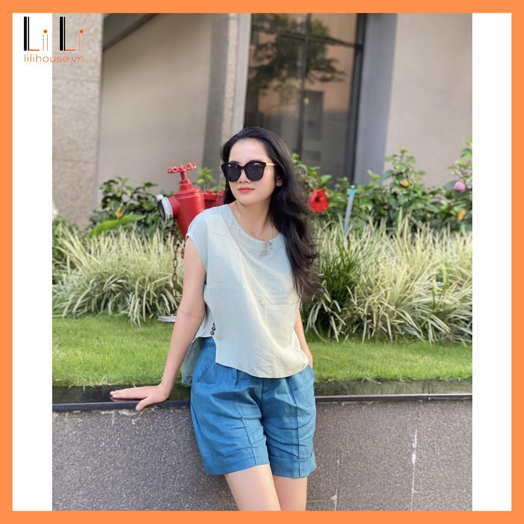 Áo đũi nữ mêm mát phối quần đùi short nữ linen năng động đi chơi đi du lịch màu xanh nhiều kích cỡ