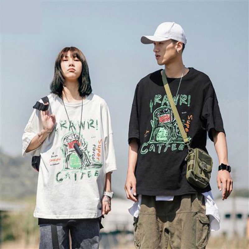 Áo thun khủng long xanh nam nữ unisex tay lỡ cổ tròn cotton trắng đen basic -Áo phông đôi trơn mỹ đẹp phom rộng oversize