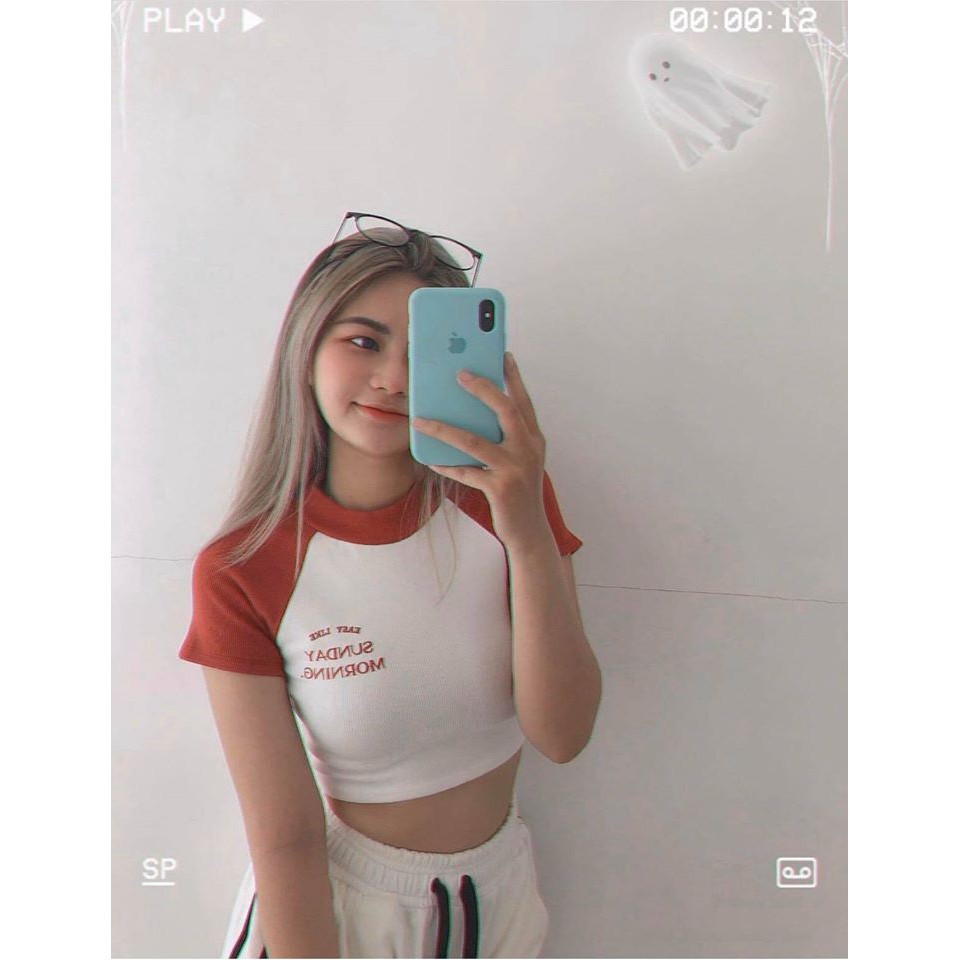 Áo thun croptop tay ngắn body phối hai màu in chữ sunday cá tính HL001