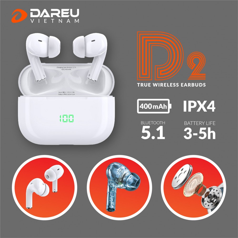 Tai nghe không dây DAREU D2 (TWS EARBUDS, BT 5.1)