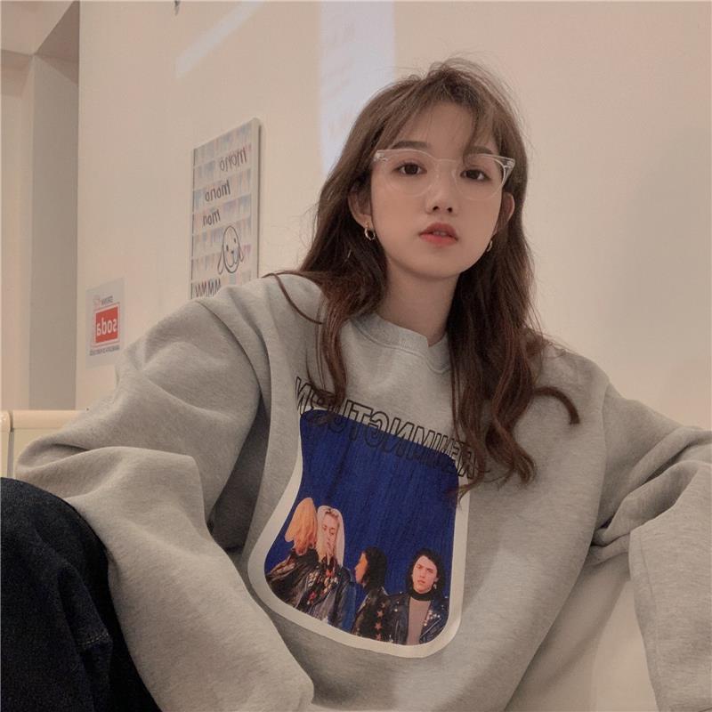 Áo khoác hoodie tay dài dáng rộng in họa tiết phong cách Hàn Quốc cho nữ 【77】