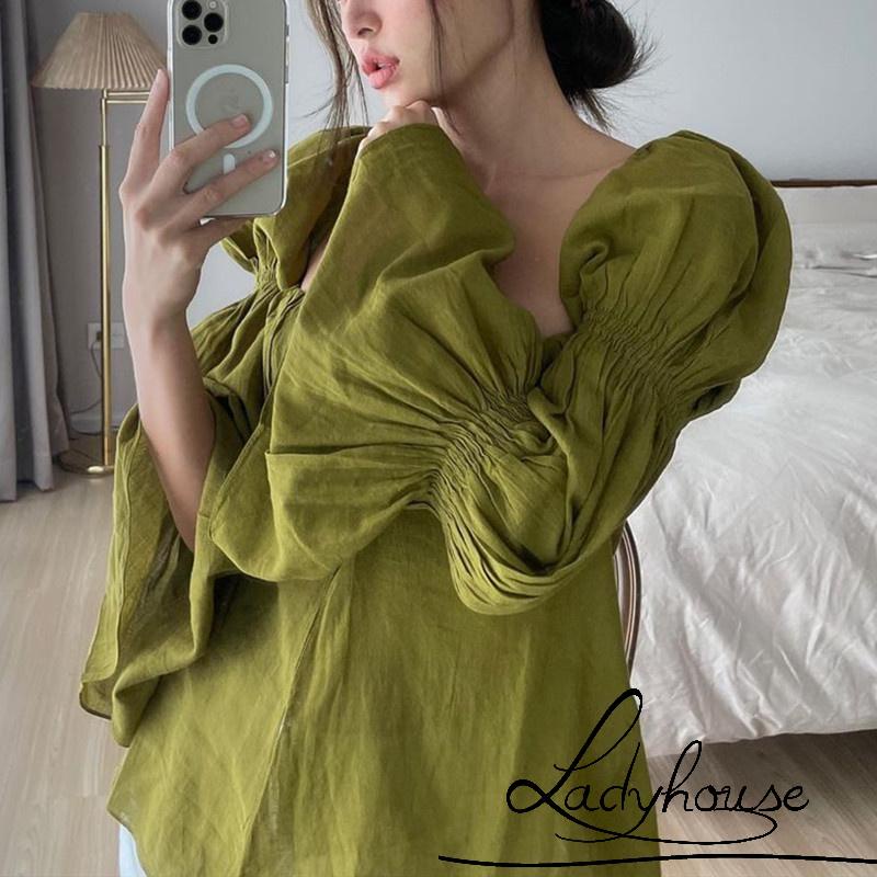 Áo kiểu tay dài ống loe cổ vuông màu trơn xẻ tà trước thời trang xuân thu cho nữ