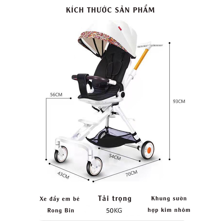 Xe đẩy cho bé du lịch 4 bánh Rong Bin 2 chiều ngã lưng 3 cấp độ ghế xoay 360 độ gấp gọn dành cho bé từ 0 đến 6 tuổi