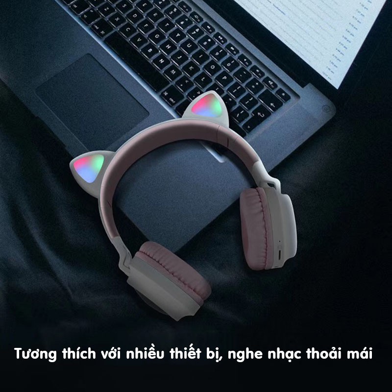 Tai nghe Bluetooth chụp tai Cát Thái BT028C thiết kế tai mèo cực kỳ dễ thương, chuyển màu RGB, âm thanh bass trầm