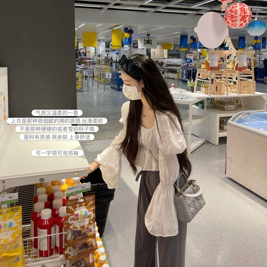 Ahoyeap Áo sơ mi tay dài phồng hai trong một dáng ngắn thiết kế cá tính thời trang xuân thu