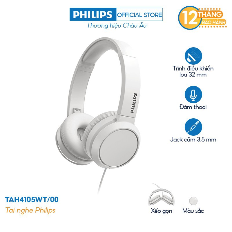 [Mã 229ELSALE hoàn 7% xu đơn 300K] Tai nghe Philips chụp tai TAH4105WT/00, Có mic - Màu trắng - Hàng Chính Hãng