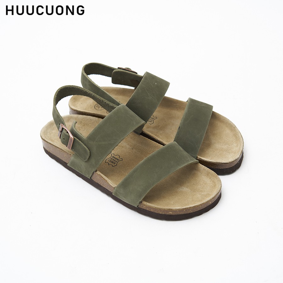 Giày sandal unisex Quai Ngang 2 Quai HUUCUONG Quai Da Thật Màu Xanh Rêu Đế Trấu