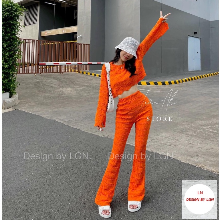 Set Thun Áo Croptop Tay Dài Và Quần Dài Ống Loe Rộng - Form Ôm Body Sexy - Chất ren 2 lớp NT Fashion